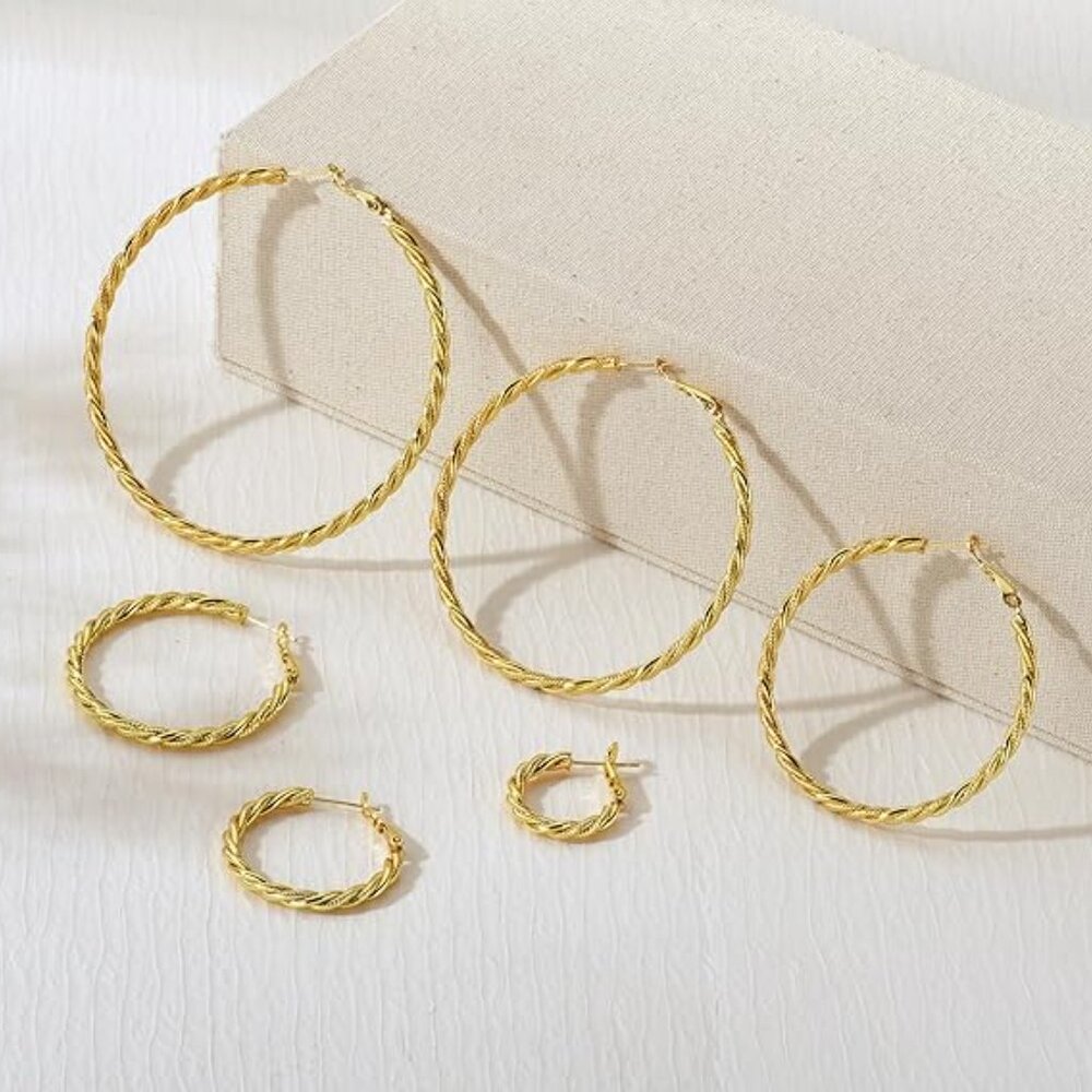 AllenCOCO Gold Hoop Earrings 3pcs, 18K Gold Plated Twisted Rope Design